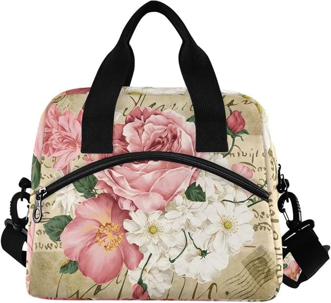OREZI Lunch Bag for Girls Women,Vintage Shabby Chic Pink Rose Floral Lunch Box Container with Detachable Shoulder Strap,Insulated Lunch Coolers for School Office