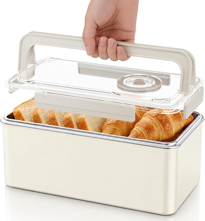 QCQHDU Bread Box, Time Recording Stainless Steel Corner Fresh Bread Box Airtight Keeper Food Storage Container for Kitchen Countertop Homemade Breadbox BPA Free, 5800ML Large Capacity, Beige