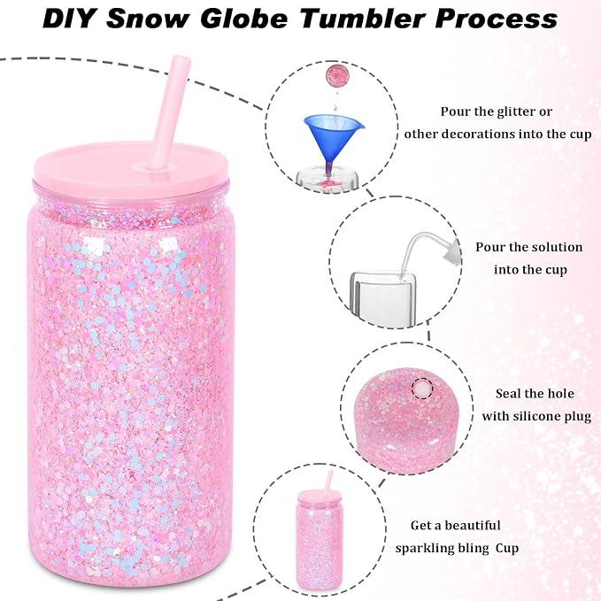 16 oz Plastic Snow Globe Tumbler, 4 Pack Double Wall Snowglobe Tumbler with Pre Drilled Hole, Plastic Mason Jar Cups Can for Snow Globe Glitter DIY (Mixed Colors)