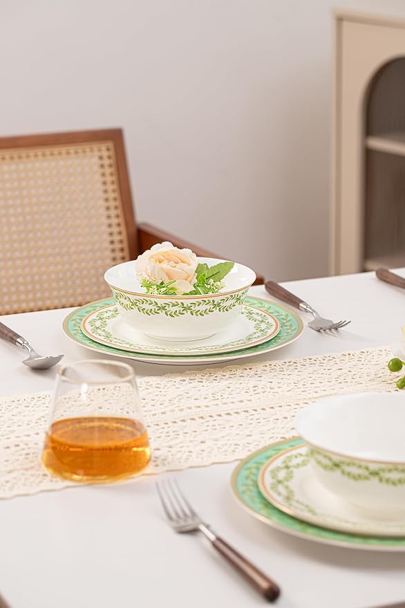 FHGNYSM High Bone China Dinnerware Set, 12-Piece Artistic Green Plates and Bowls, Lightweight & Chip Resistant Ceramic Service for 4, Dishwasher Safe Elegant Kitchen Dining