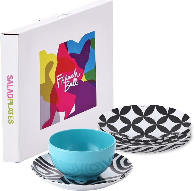 French Bull Assorted Plates - 4 Piece Set - 9 inch Melamine Salad Plates Set of 4 - Melamine Dinnerware for Indoor and Outdoor - Assorted Black and White