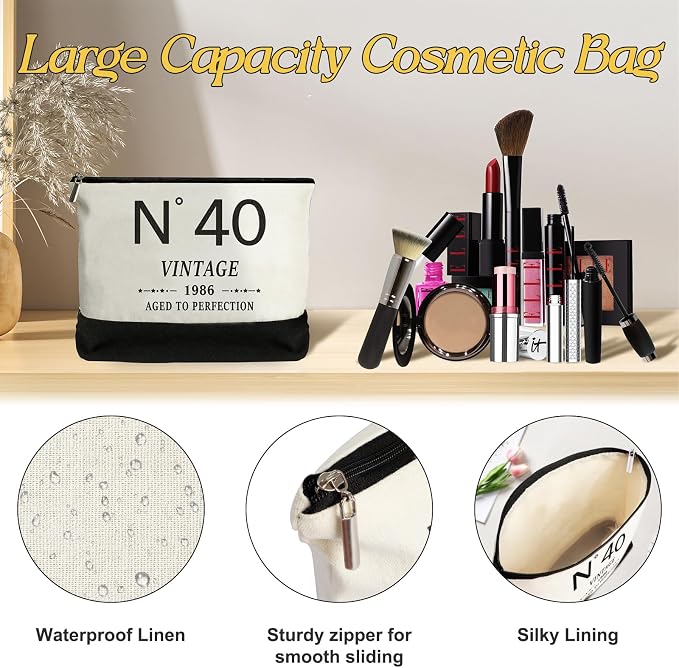 YeohJoy 40th Birthday Gifts for Women Canvas Tote Bag Travel Gear, Unique 40 Years Old Gifts for Wife Mom Sister Aunt Friends Her, Vintage N°40 Handbag & Cosmetic Bag & Back in 1986 Poster