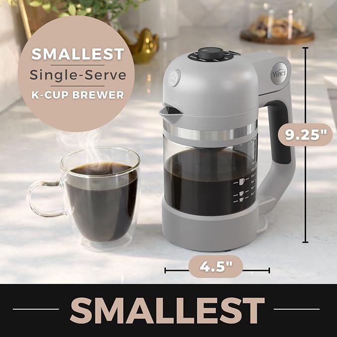 VINCI Micro Café Smallest Single-Serve Glass Coffee Brewer | Compatible with K-Cups, Pods & Ground Coffee | Enclosed & Circle Flow Brewing for Hotter, Richer Flavor | Brews 4oz to 20oz (Gray)