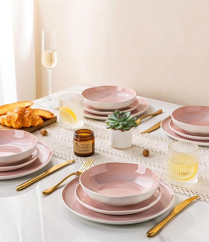 GBHOME Stoneware Dinnerware Sets for 6, 18 Pieces Rustic Ceramic Plates and Bowls Set, Handmade Reactive Glaze Plate Sets, Highly Chip Resistant Dishes, Microwave & Dishwasher Safe, Pink