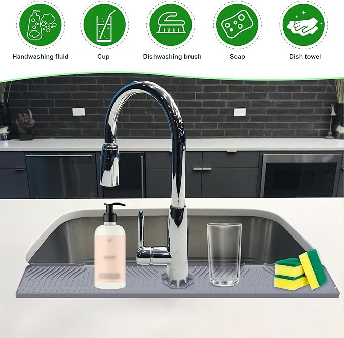 deaunbr 33inch Kitchen Sink Splash Guard Mat,Silicone Material Protects Faucet Handle from Dripping Water,Faucet Mat Splash Catcher,Multipurpose for Kitchen Sink, Sink Sponge Holder