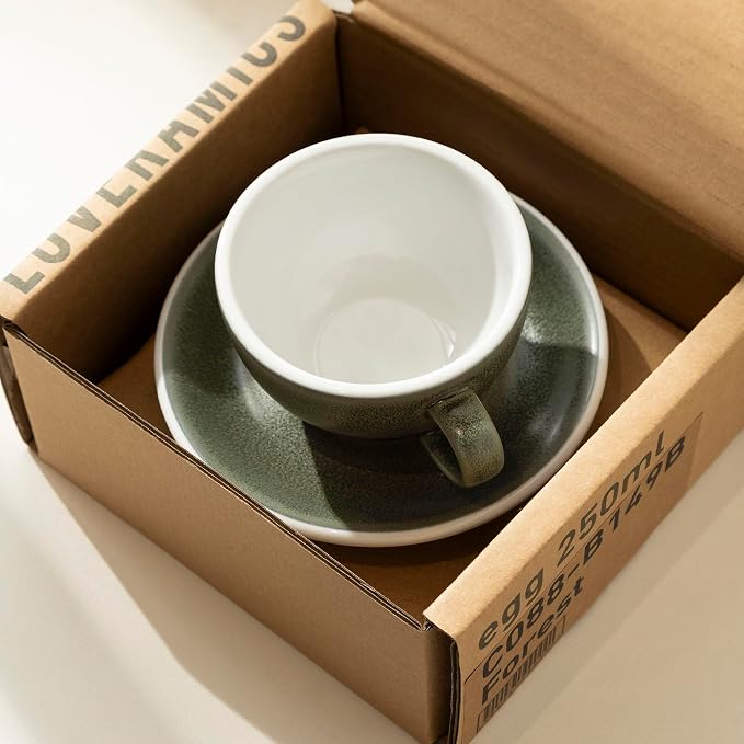 Loveramics Matt Cappuccino Cup, 8 oz Ceramic Latte Art Mug with Saucer, Thick-walled stoneware cup Set, Barista Latte Cup Set for Latte, Cappuccino, Tea - Mineral Colors (Forest, 8OZ)