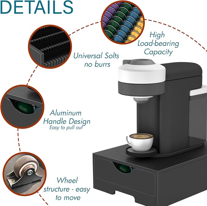 Suli Coffee Pod Drawer Organizer Compatible with Nespresso Vertuo Capsules | Wood Coffee Pod Holder for Countertop with Smooth Pull-Out,52 Small or 40 Large Capsules,Fits Under Coffee Maker,Black