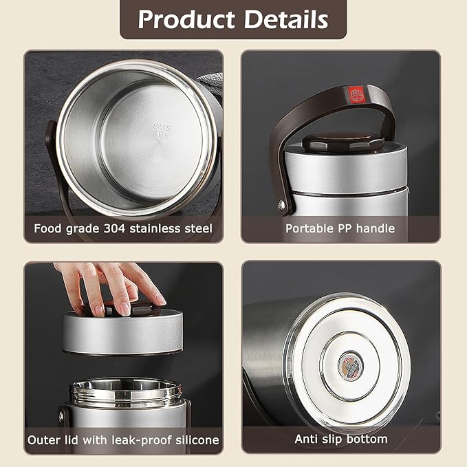 Thermal For Hot Food,1.5L Bento Lunch Box,2-Tier Stackable Insulated Food Jar,Portable Stainless Steel Food Container,Leakproof Insulated Lunch Container For Hot Food,For Office Picnic Travel(Silver)