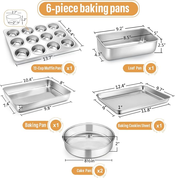 E-far 6-Piece Baking Pans set, Stainless Steel Bakeware Set for Oven, Include 8-Inch Cake Pan/Rectangle Baking Cookie Sheet/Muffin/Loaf Pan, Non-Toxic & Heavy Duty, Dishwasher Safe