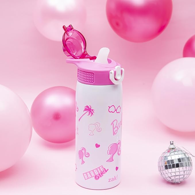 Zak Designs Barbie Sage Kids Water Bottle For School or Travel, 19oz Stainless Steel Water Bottle With Straw, Handle, and Leak-Proof, Pop-Up Spout Cover (Barbie)