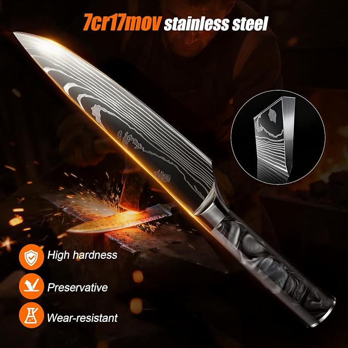 10-Piece Premium Japanese Kitchen Knife Set - Star Collection, Laser Damascus Pattern, 440A Stainless Steel Ultra Sharp for Fast Cutting (Black)