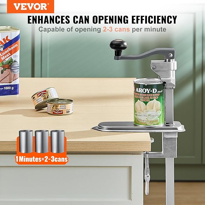 VEVOR Commercial Can Opener, 23.2"/59cm Long, Stainless Steel Manual Table Can Opener for Up to 15.7"/40cm Tall, Fixed with Clamp or Screws, Ergonomic Swing Handle & One Spare Knife, for Restaurants