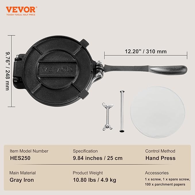 VEVOR Tortilla Press, 10 Inch Tortilla and Roti Maker, Cast Iron Heavy Duty Tortilladora Press, Pre-Seasoned Pataconera with 100 Pcs Parchment Paper, Dough Maker for Flour Tortilla, Tawa