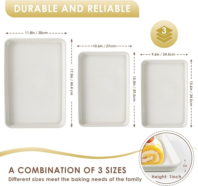 Baking Sheet Pan Set of 3, Nonstick Carbon Steel Cookie Sheets with Texture | Commercial Half/Quarter/Jelly Roll Pans Replacement Toaster Oven Tray, Heavy Duty & Easy Clean