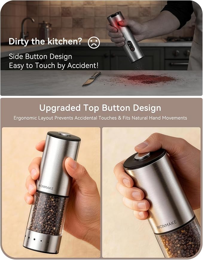 Electric Salt and Pepper Grinder Set, Type-C Rechargeable with LED Battery Level Display, Stainless Steel Salt and Pepper Shakers with Storage Base, Top Button Design, 5 Adjustable Coarseness Levels