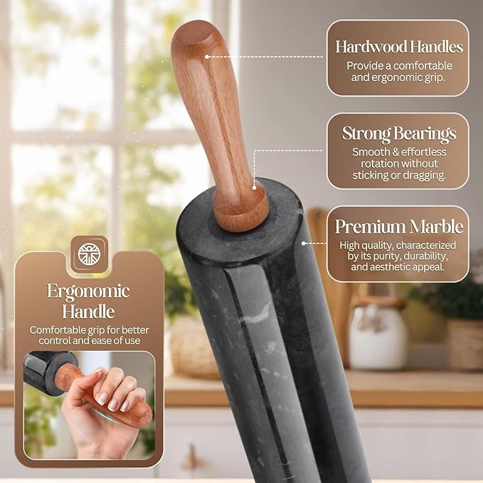 Flexzion Marble Rolling Pin Heavy Nonstick Stone Dough Roller - 10 Inch Polished Barrel with Wooden Handles & Cradle Stand for Baking Pastry Bread Pizza Cookies Pie Crust Pasta Tortillas (Black)