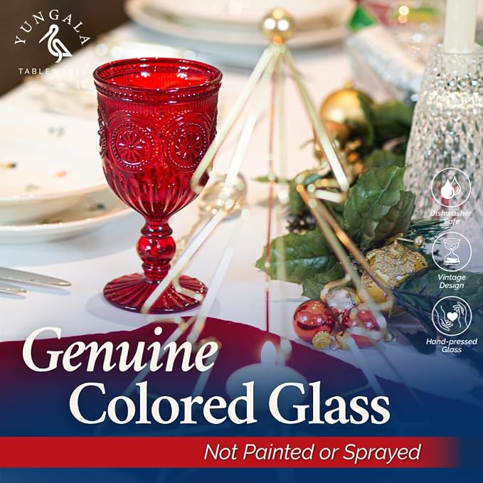 Red Goblets, Set of 6 Hand Crafted Red Colored Wine Glasses for lovers of red glassware, perfect for Valentines Day or Christmas Wine Glasses