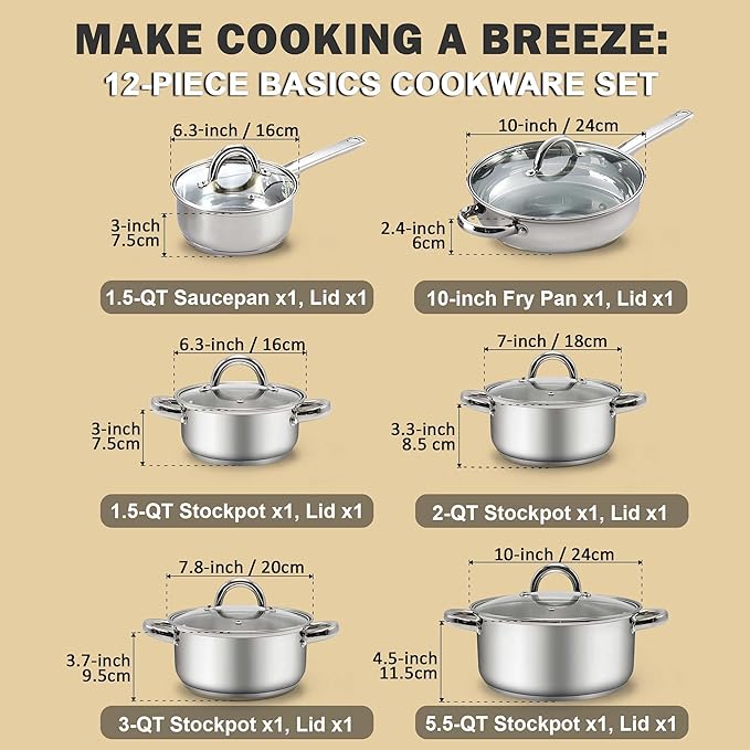Cook N Home Kitchen Cookware Sets, 12-Piece Basic Stainless Steel Pots and Pans, Silver | Stay-Cool Handle, Induction Compatible, Dishwasher and Oven Safe
