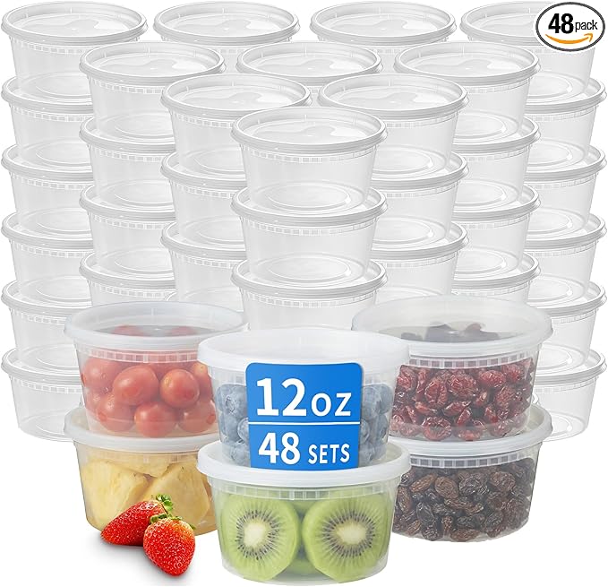 Plastic Deli Containers with Lids, 48 Sets 12oz Leakproof Soup Storage Containers for Family Soup & Leftovers, Round Meal Prep Cups, BPA Free, Microwave/Freezer/Dishwasher Safe