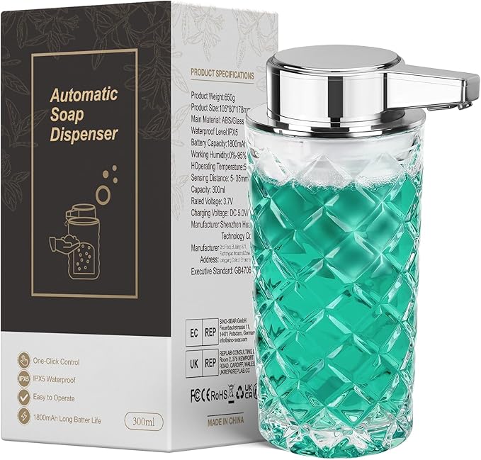 Automatic Soap Dispenser Foam for Kitchen: 11 OZ Glass Touchless Clear Auto Foaming Soap Dispenser for Bathroom - Hand Dish Lotion Home Countertop Kids - Family Couple