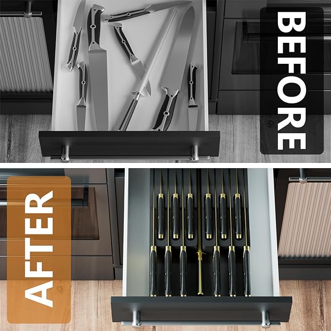 Domax Bamboo In-Drawer Knife Block - Kitchen Drawer Organizer Insert, Steak Knife Holder without Knives, Fits 12 Knives and 1 Sharpening Steel (Not Included), Black