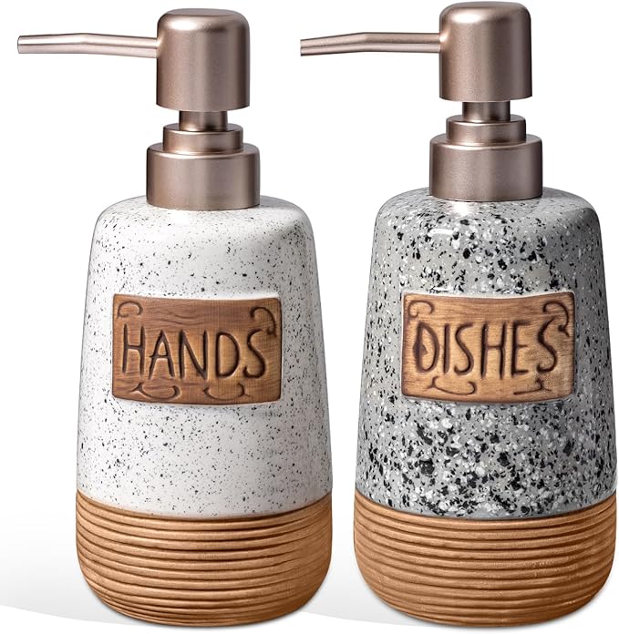 Hand and Dish Soap Dispenser Set, Farmhouse Ceramic Soap Dispenser for Kitchen Sink, 15 OZ Vintage Hand Wash Liquid Dispenser for Bathroom Farmhouse Modern Kitchen Decor Accessories