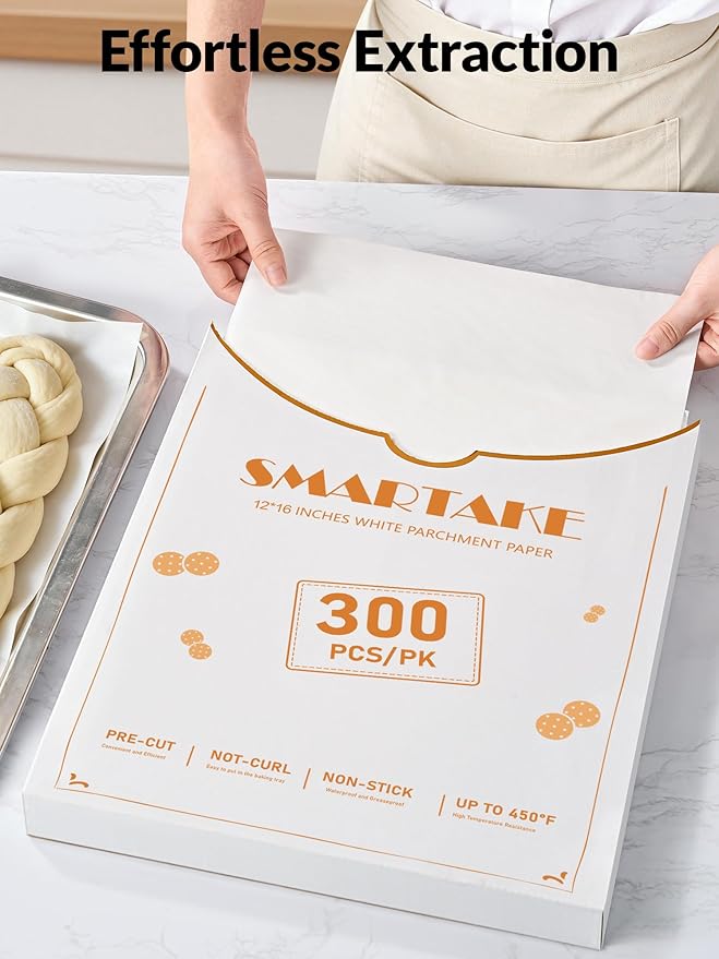 SMARTAKE 300 Pcs Parchment Paper Baking Sheets, 12x16 Inch Pre-Cut Baking Parchment, Non-Stick Kitchens Cookie Baking Paper, for Oven Grilling Air Fryer Steaming Bread Cake Cookie Meat Pizza (White)