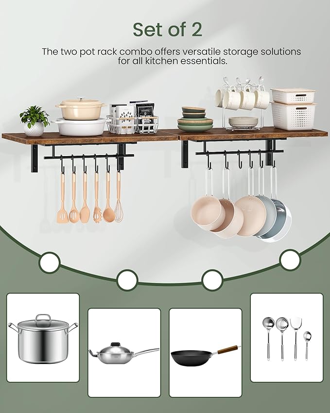 CHOEZON Wall-Mounted Pot Racks, Set of 2 Hanging Pot Rack, Floating Shelves, Wall Shelves, Vintage Pot Hangers for Kitchen, Wall Rack for Kitchen Storage, Rustic Brown and Black TPR26P2BF