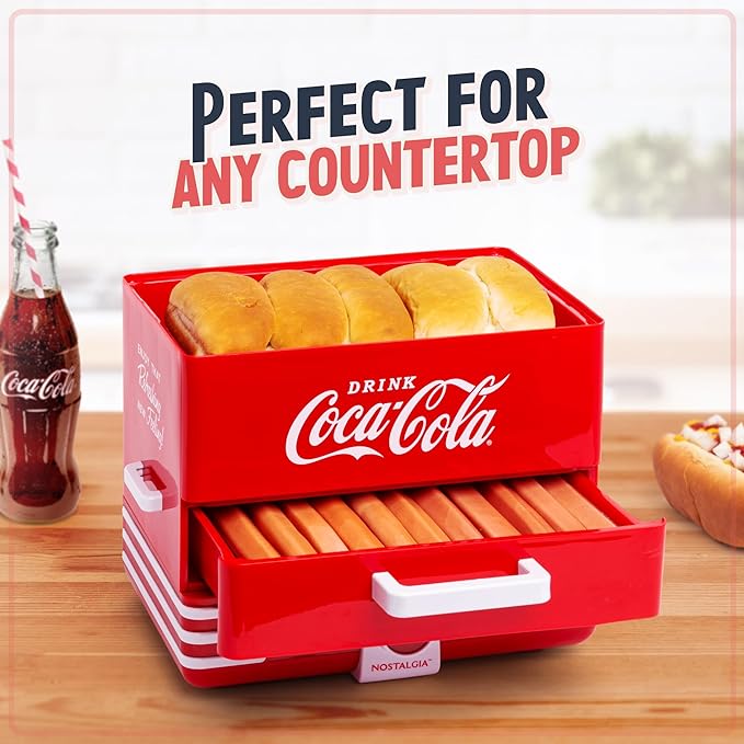 Nostalgia Extra Large Diner-Style Coca-Cola Steamer Cooks 20 Hot Dogs & 6 Buns - Hot Dog Steamer for Breakfast Sausages, Brats, Vegetables & Fish - Bun Steamer Perfect for Game Days or Parties - Red