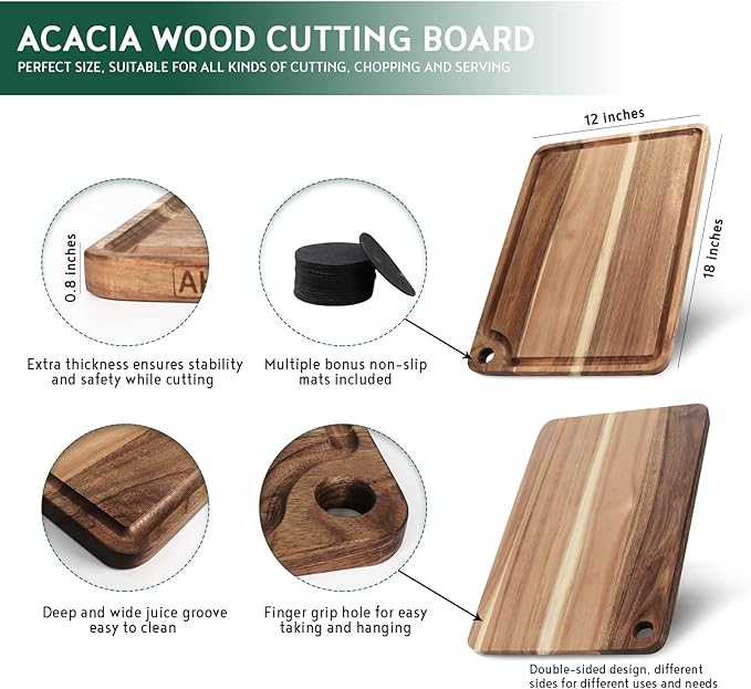 AZRHOM Large Acacia Wood Cutting Board for Kitchen, Butcher Block for Meat and Cheese, Chopping Board with Hanging Hole and Groove 18x12 Inch