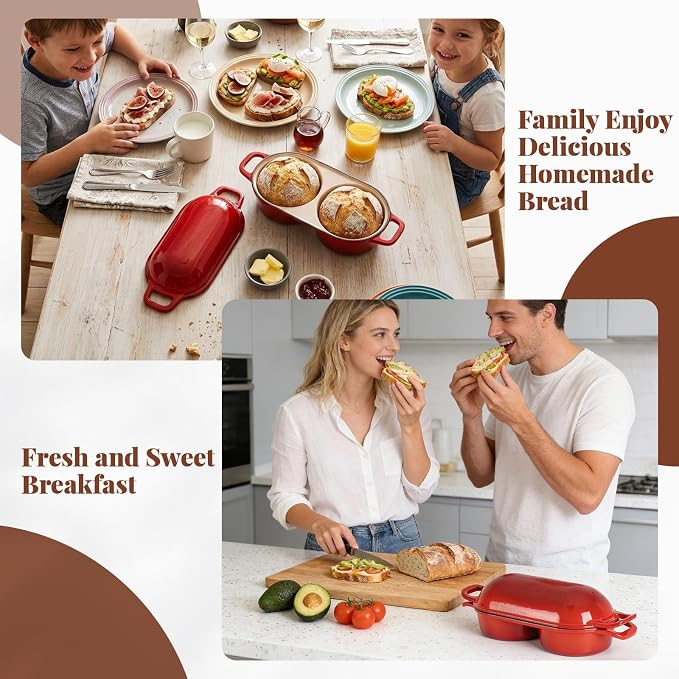 Double Dutch Oven for Bread Baking, Ideal for Family Daily Baking | Enameled Cast Iron Bread Pan with Lid, 2-Slot Mini Loaf Design (16.5cm Each) for Homemade Artisan Bread, Easy to Clean