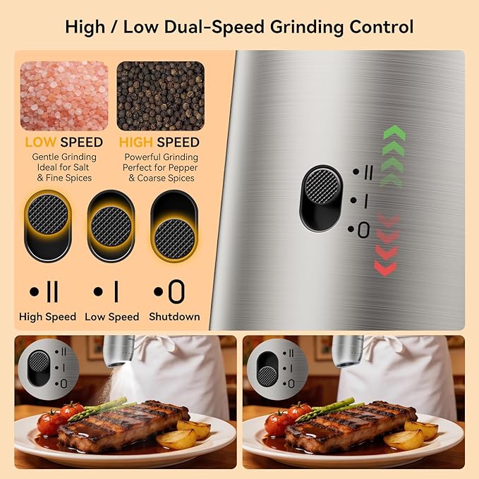 Electric Salt and Pepper Grinder Set, Dual-Speed Automatic Gravity Pepper Grinder with Charging Base, Adjustable Coarseness, LED Light, 5.95oz Large Capacity, Stainless Steel Spice Mill for Kitchen