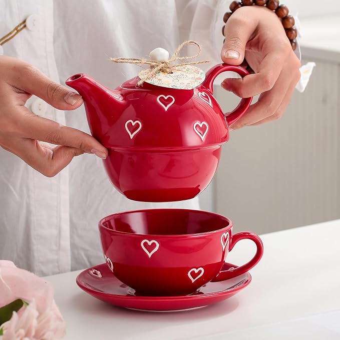 Domini Teapot cup combo,Teapot and Teacup for One,Tea Cup and Saucer Set-Tea Pot Set Gift for Girl Women,Bright red
