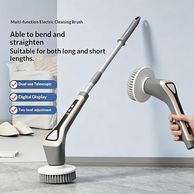 Electric Spin Scrubber, Full-Body Spray Cleaning Solution Waterproof Bathroom Electric Scrubber with LCD Display, Cordless Cleaning Brush Scrubber for Bathroom and Kitchen Cleaning