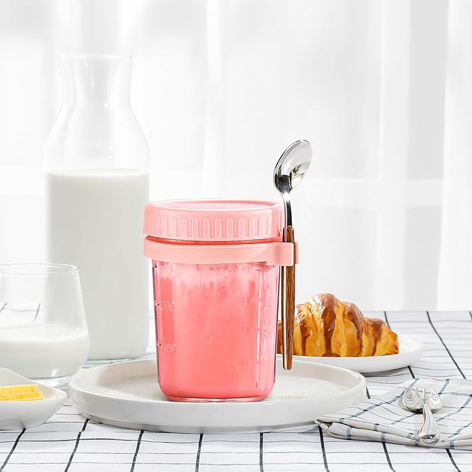 4 Pcs 400ml Macaron Mason Jars with Lids and Spoons Wide Mouth Glass Food Storage Containers for Overnight Oats, Yogurt, and Meal Prep in White, Gray, Light Blue, and Pink