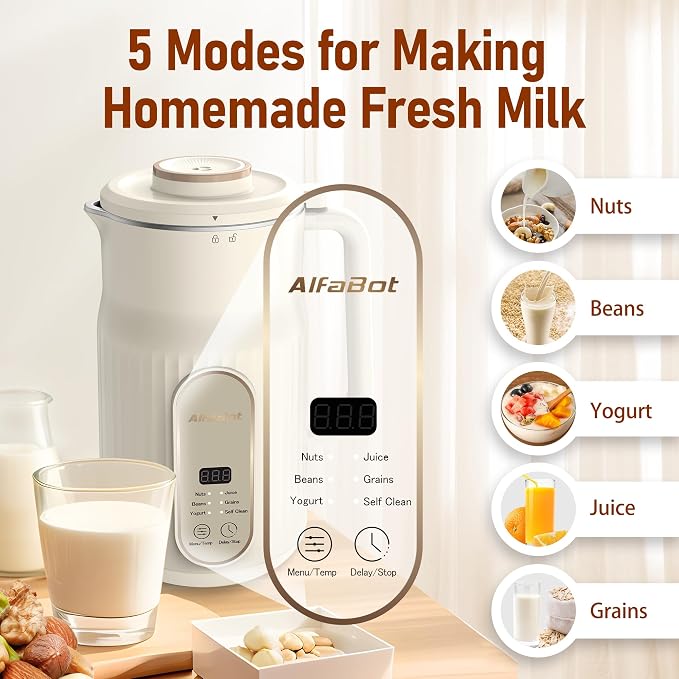 Nut Milk Maker, AlfaBot N2 Automatic Almond Milk Machine for Homemade Plant-Based Milk, Oat, Soy, Yogurt, 5 Modes/35OZ Big Capacity Soy Milk Maker with Delay Setting and Self Cleaning (White) | 5 Preset Modes, 12-Hour Delay Timer, for Almond, Soy, Oat,...