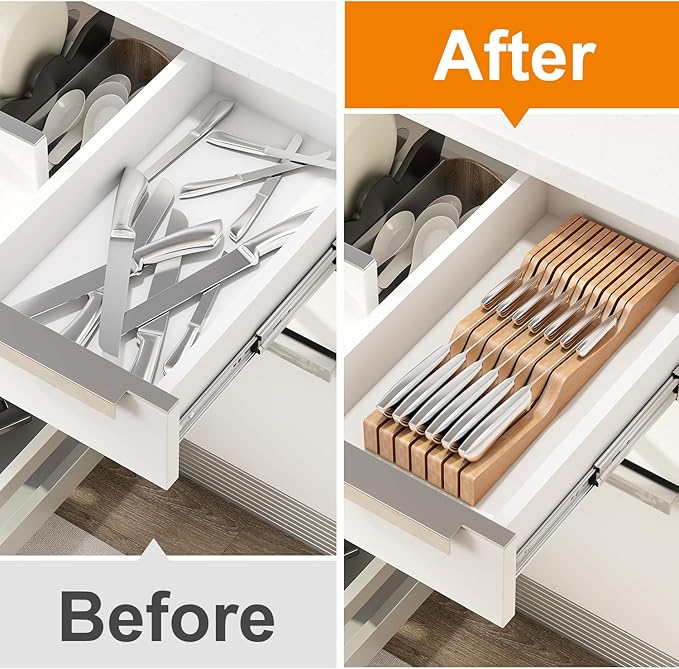 In-Drawer Knife Block Organizer - Bamboo Wood Drawer Knife Organizer-Protecting Knife Organizer Block (Not Included) (Natural, 13 Knives Dock)