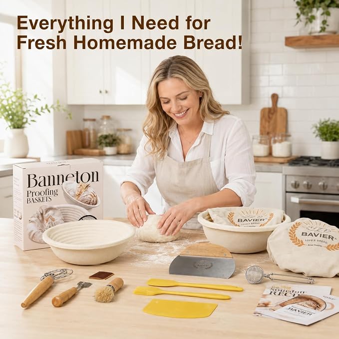 BAVIFY Sourdough Starter Kit, Banneton Bread Proofing Baskets Set | 2-Pack 9 in Round Wood Pulp Banneton, 2.2 lb Capacity, Superior Moisture Control, Easy Release, Thick Walls Design