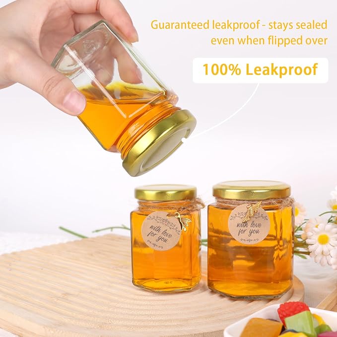 4 oz Mini Glass Honey Jars | 30-Pack Honey Jars with Wood Dippers, Gold Lids, Gift Bags, Bee Charms, Labels, Tags, Twine | Perfect for Baby Shower Party Favors, Wedding Favors, Bridal Showers