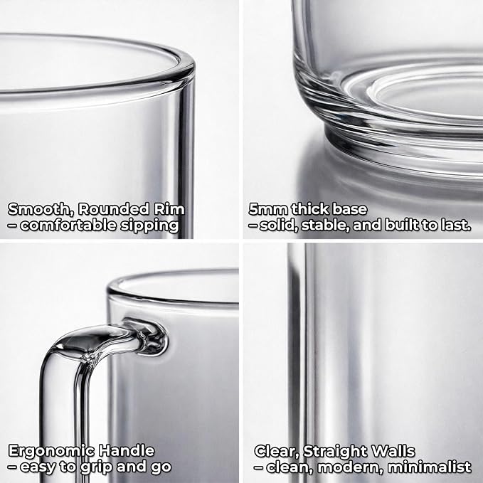Aquach 22oz Glass Mugs Set of 2, Extra-Large Borosilicate Coffee Tea Cups | Dishwasher/Microwave Safe, Single-walled, Smooth Rim, Extra-Large Capacity, Comfort Handle, Stable Thick Base