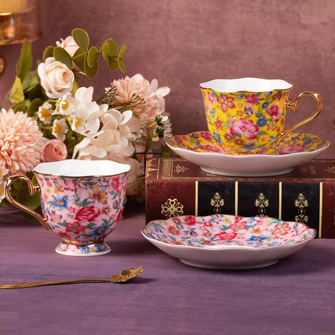 KAMMAK Tea Cups and Saucers Set of 2, Porcelain Coffee Cups, 6.3oz Stackable Espresso Mugs, Ceramic Demitasse for Coffee, Latte, Americano, Tea (645N+646N)