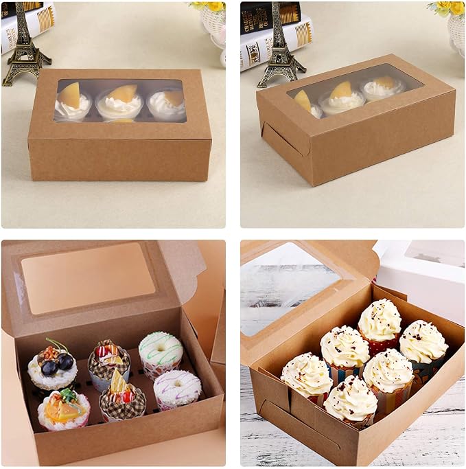 EUSOAR Cupcake Boxes, 50pcs 9.4" x 6.2" x 3.0" Muffin Containers 6 Count with Insert and Display Window, Kraft Muffin Cupcake Box Carrier Packaging Cupcake Boxes Fits 6 Cupcakes or Muffins