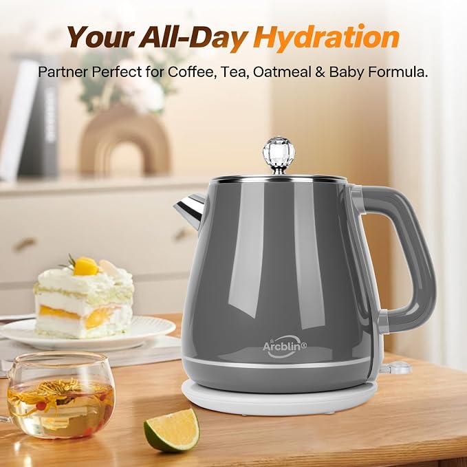 Retro Electric Tea Kettle 1.8L, Stainless Steel Electric Hot Water Kettle for Boiling Water, BPA Free, 1350W Fast Boil, Auto Shut Off & Boil-Dry Protection, Gray
