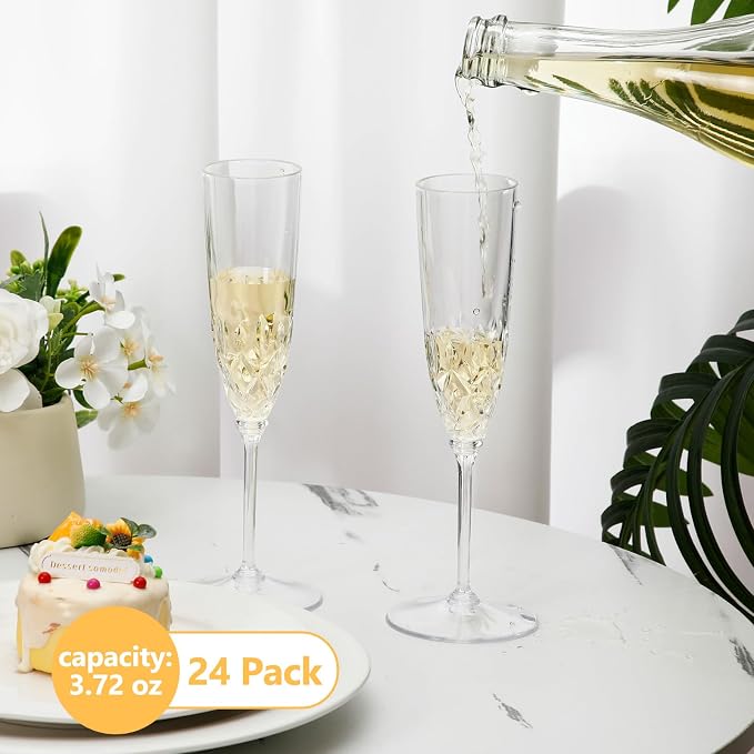 Jingmore 24 Pcs Detachable Plastic Champagne Glasses Flutes Bulk with Stem 3.7 oz Disposable Champagne Flutes Toasting Glasses Cups for Wedding Birthday Party (Transparent)