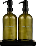 Maisonovo Kitchen Soap Dispenser Set - Hand and Dish Soap Dispenser Set with Green Glass Soap Dispenser, Black Pumps & Ceramic Tray