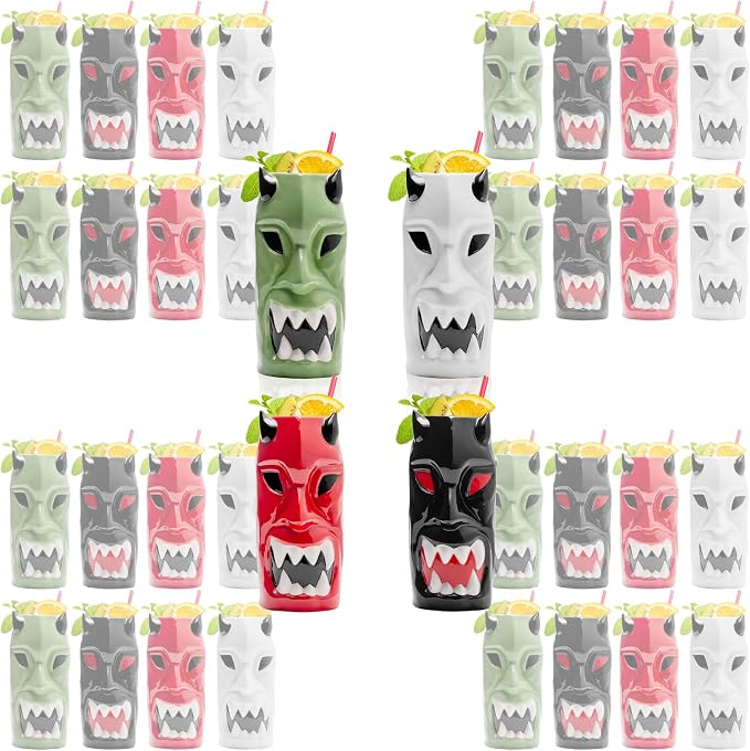 LEMONSODA Ceramic Hawaiian Tiki Glasses (Horned, Set of 32) [2210]