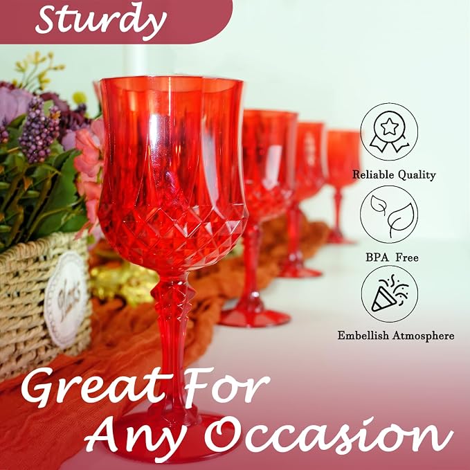 Plastic Wine Glasses, Plastic Goblets Vintage Style Cordial Unbreakable Drinking Glasses, Reusable Drinkware for Wedding Reception, Grand Event Party Supplies (48, Red)