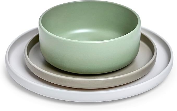 Sango 12-Piece Stoneware Dinnerware Set for 4, Satin Glazed Plates and Bowls Sets with Matte Finish, Ceramic Dish Set, Durable Kitchen Dishes, Microwave & Dishwasher Safe for Casual Dining, Rollo Alta