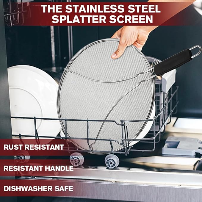 Splatter Screen for Cooking, Perforated Stainless Steel,13 Inch Stainless Steel Grease Splatter Guard, Comfortable Grip, Shield from Splashing Oil