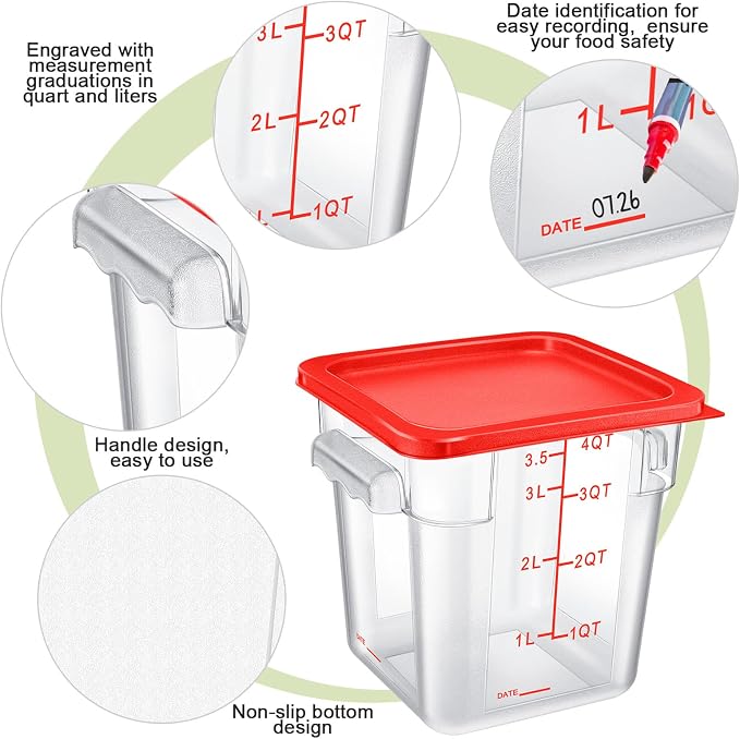 Maxcheck 4 Pcs 4qt Food Storage Container with Lids Bulk Clear Plastic Commercial Food Storage Bins with Scale Handle Space Saving Restaurant Tubs for Kitchen Prep Proof Dough(Red)